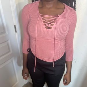 rose pink color lace up blouse
